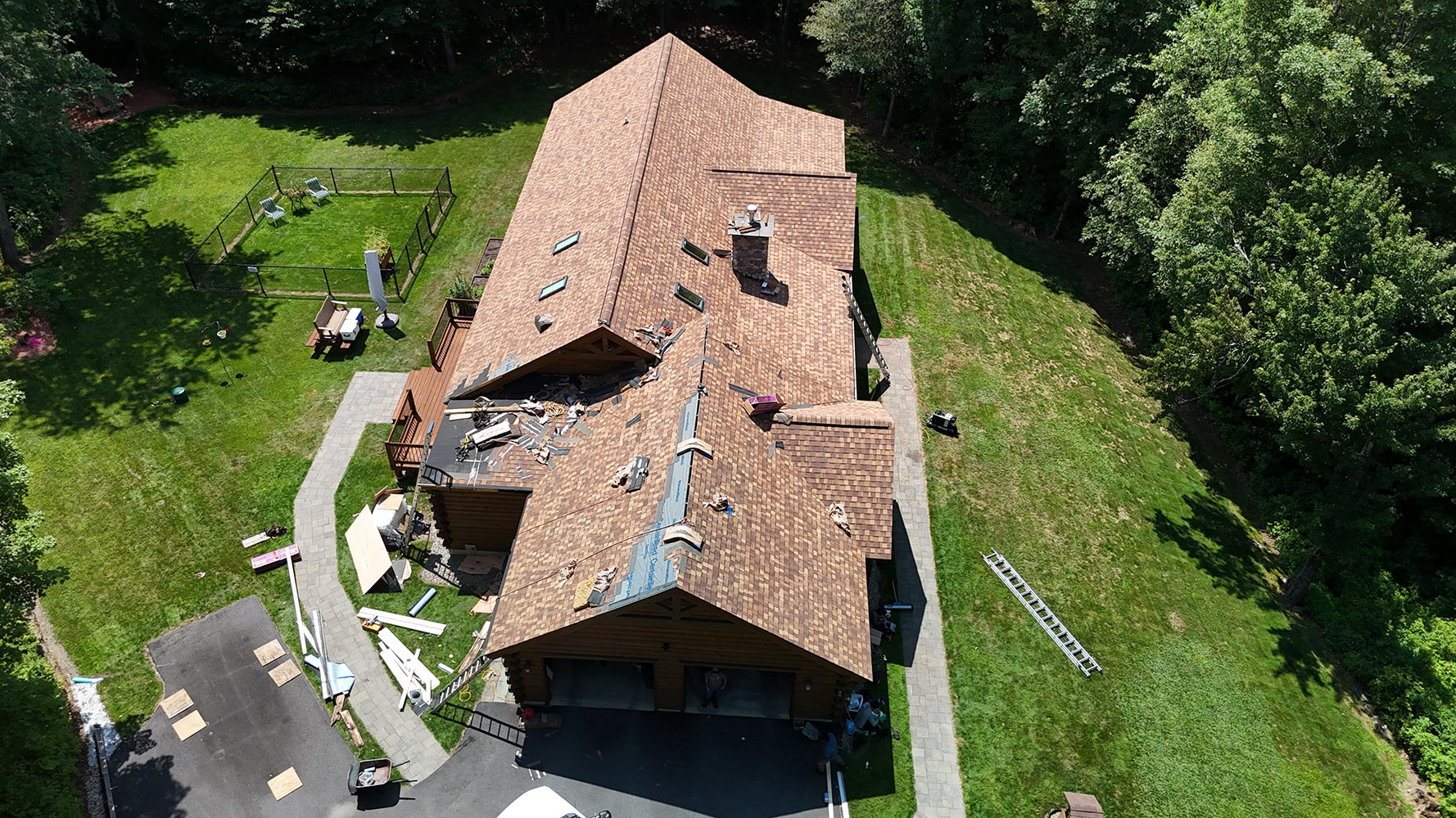 CertainTeed Landmark Pro roof installation on log home Underhill Vermont aerial