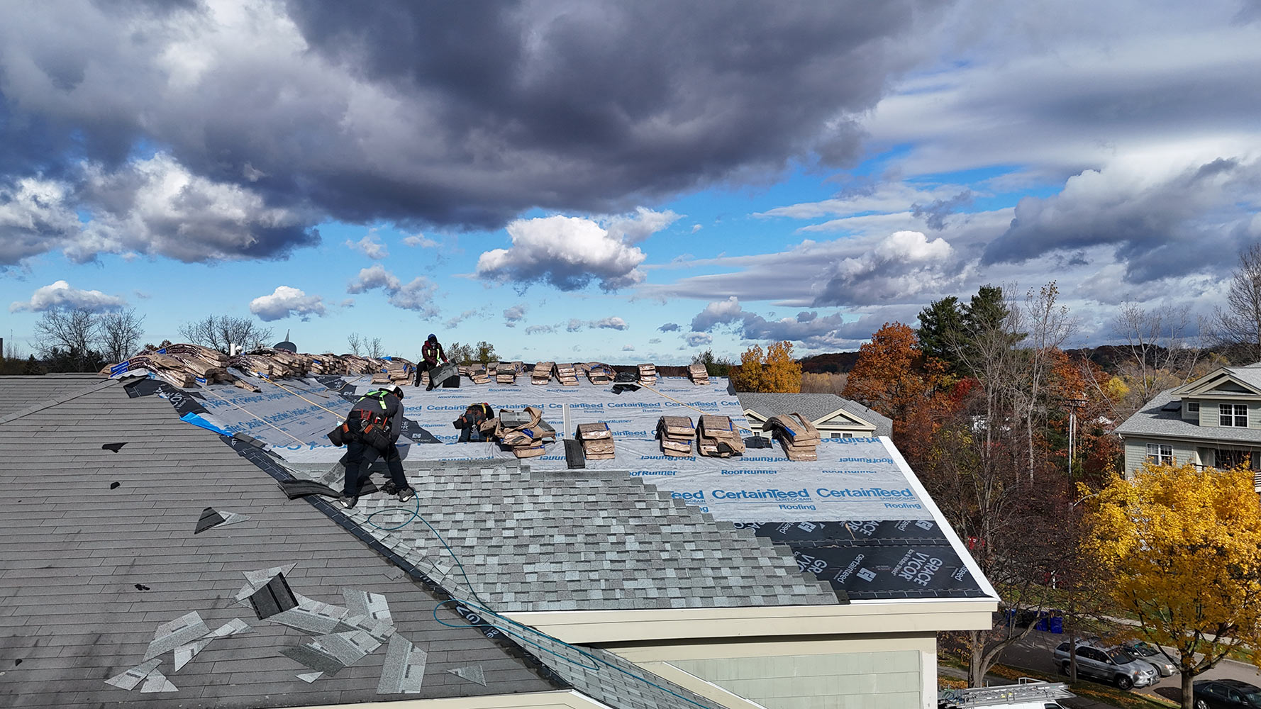 CertainTeed shingle installation Vermont fall crew aerial view