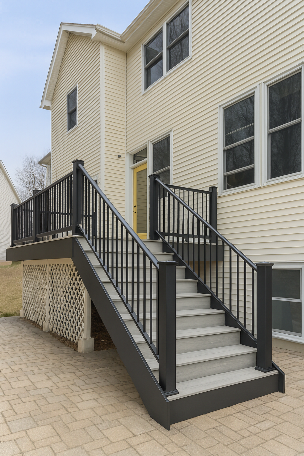 Composite deck with black railings and second story staircase Vermont