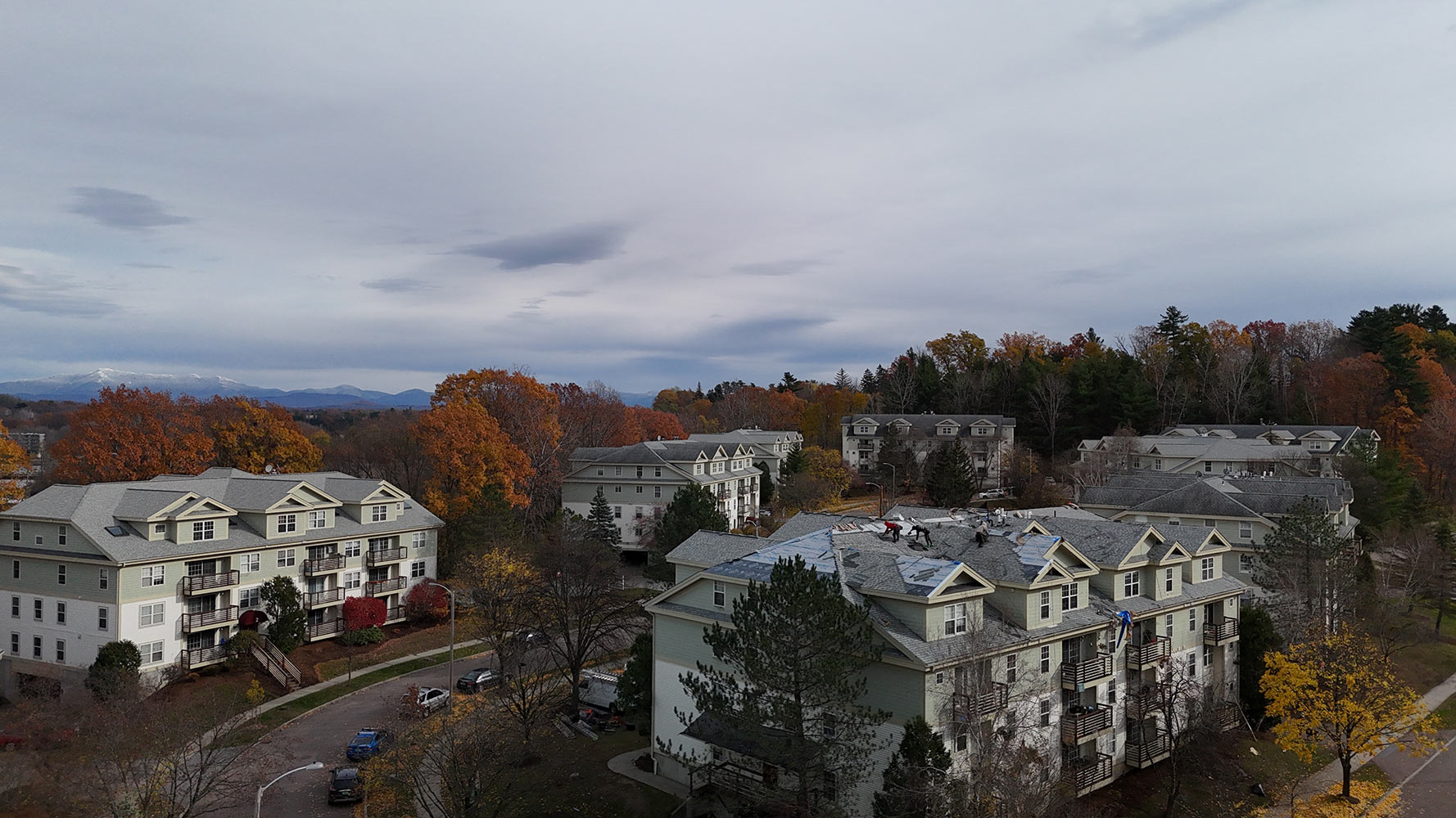 Condo roof replacement Vermont Green Mountains fall foliage aerial