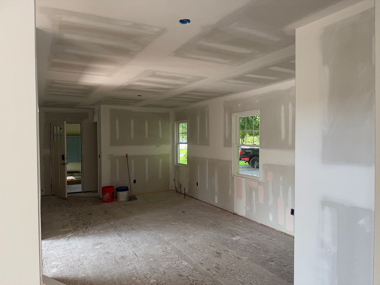 Finished drywall coffered ceiling hallway Williston Vermont full home addition