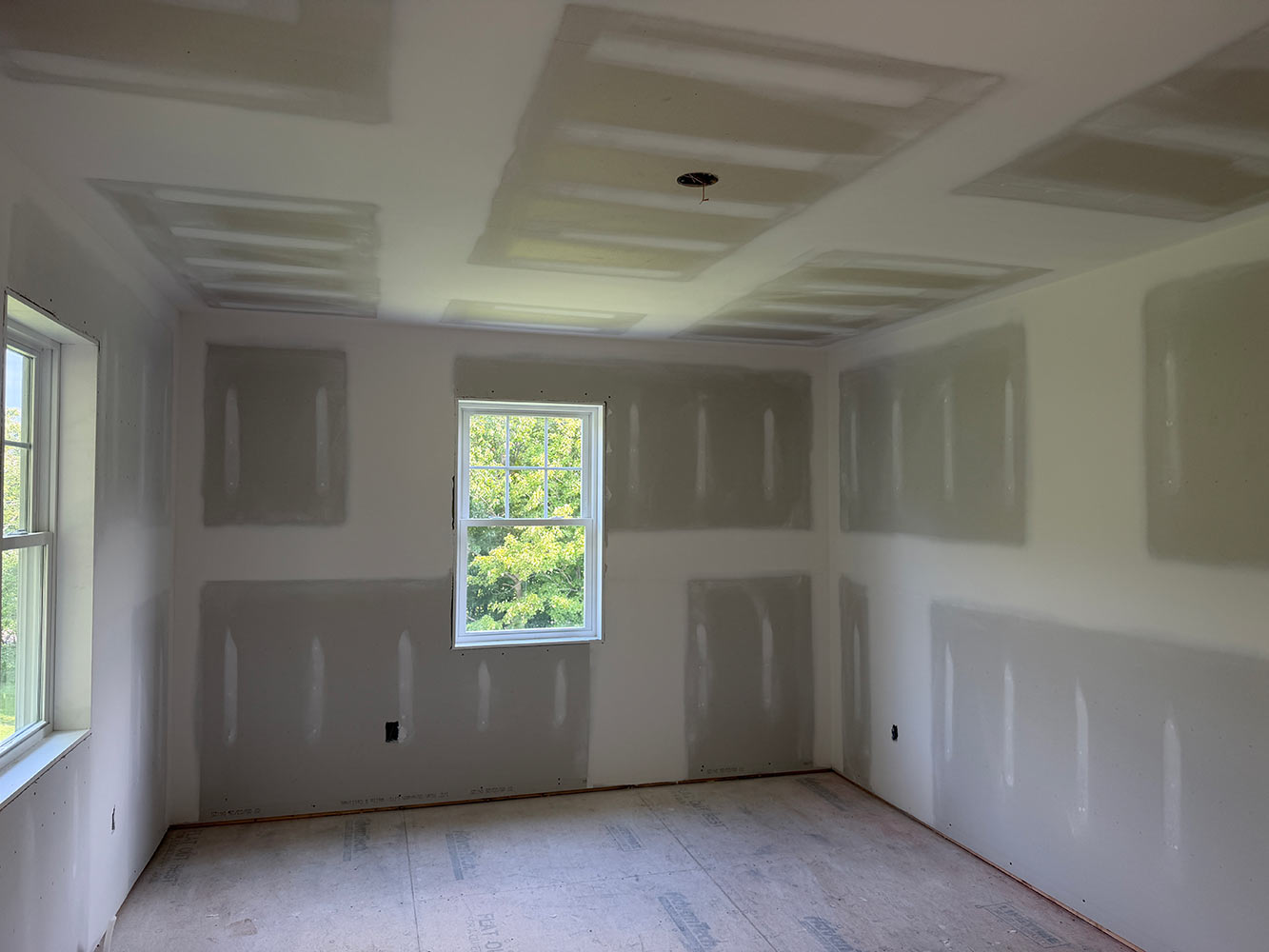 Finished drywall living room coffered ceiling Williston Vermont