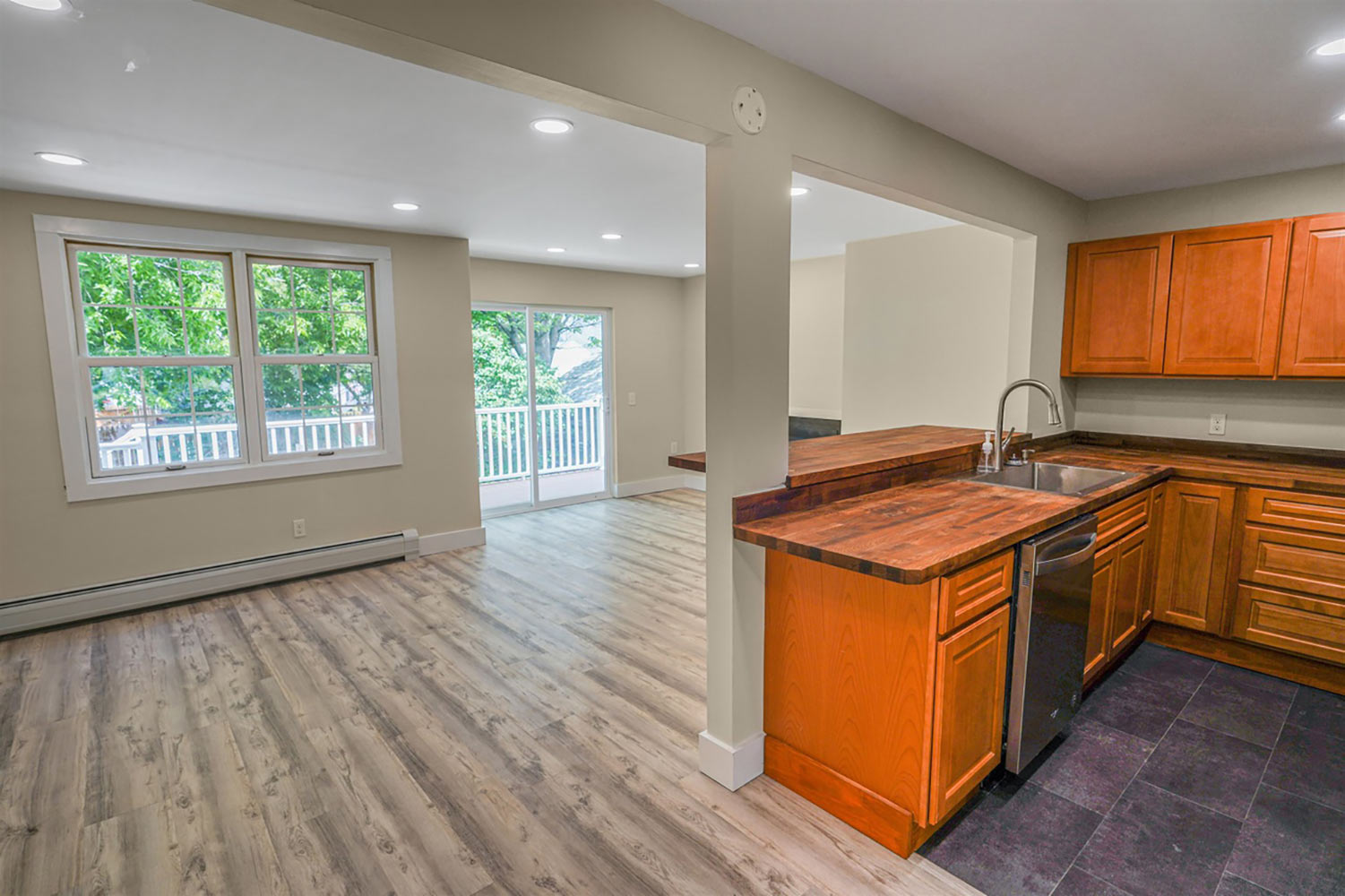 Kitchen renovation butcher block countertop cherry cabinets Vermont