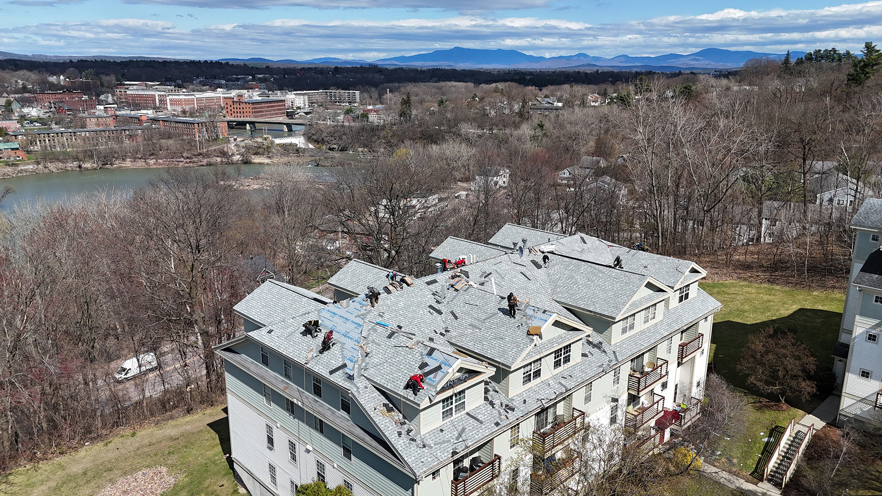 Multi-unit shingle roof replacement Burlington Vermont aerial