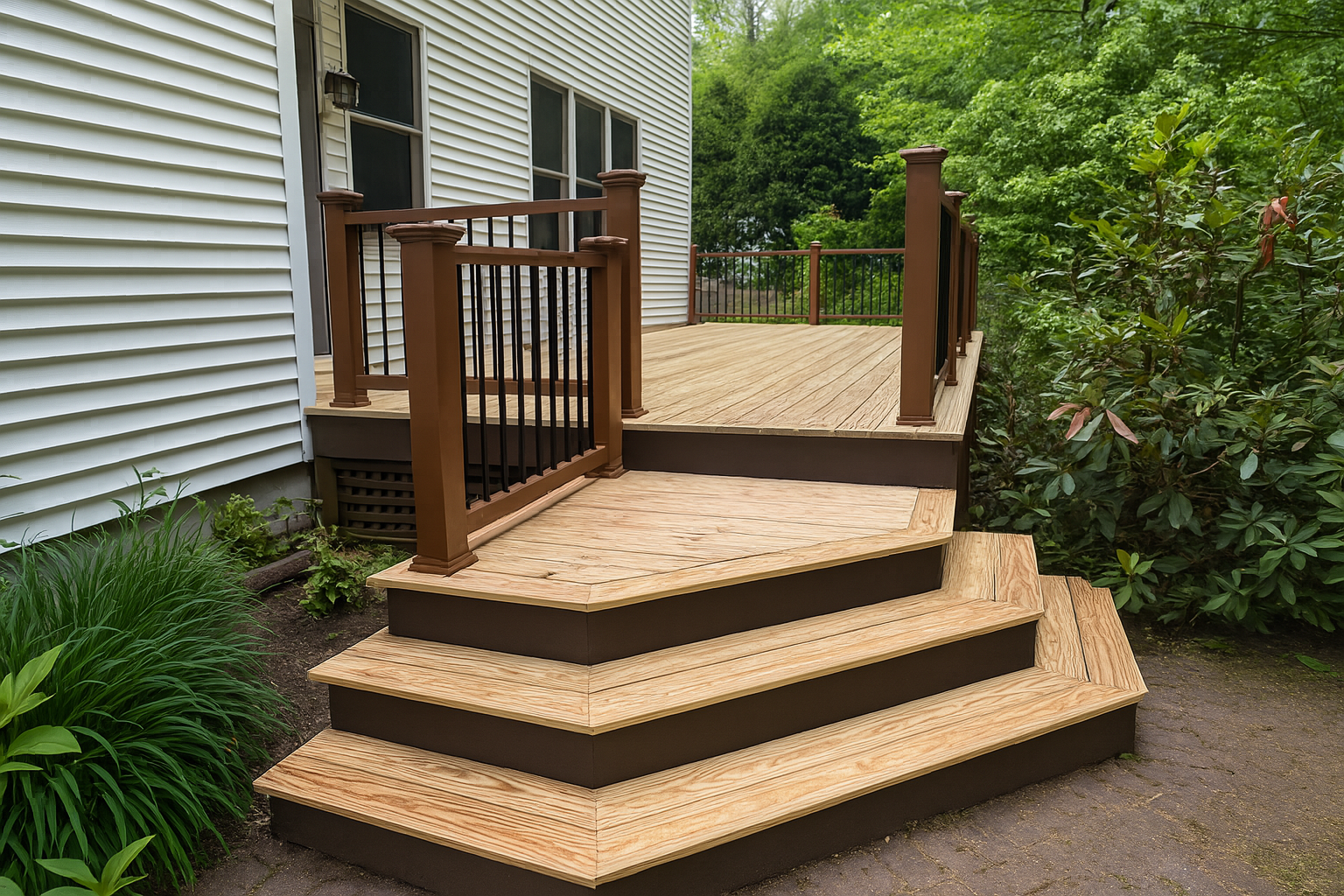 Natural wood deck with curved steps Vermont Rivers Construction