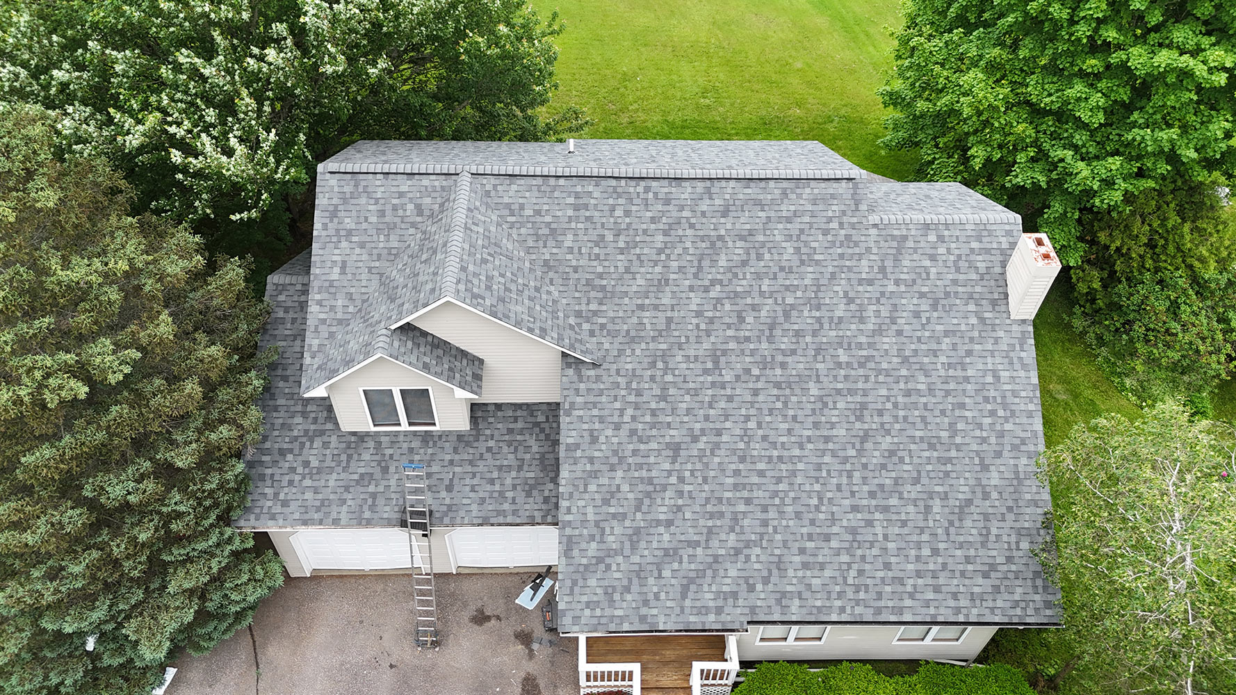 Completed Owens Corning shingle roof replacement Williston Vermont aerial
