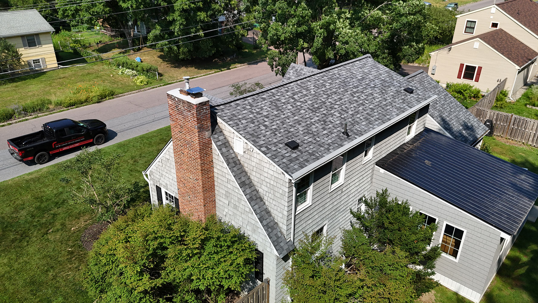 Completed shingle roof replacement South Burlington Vermont aerial