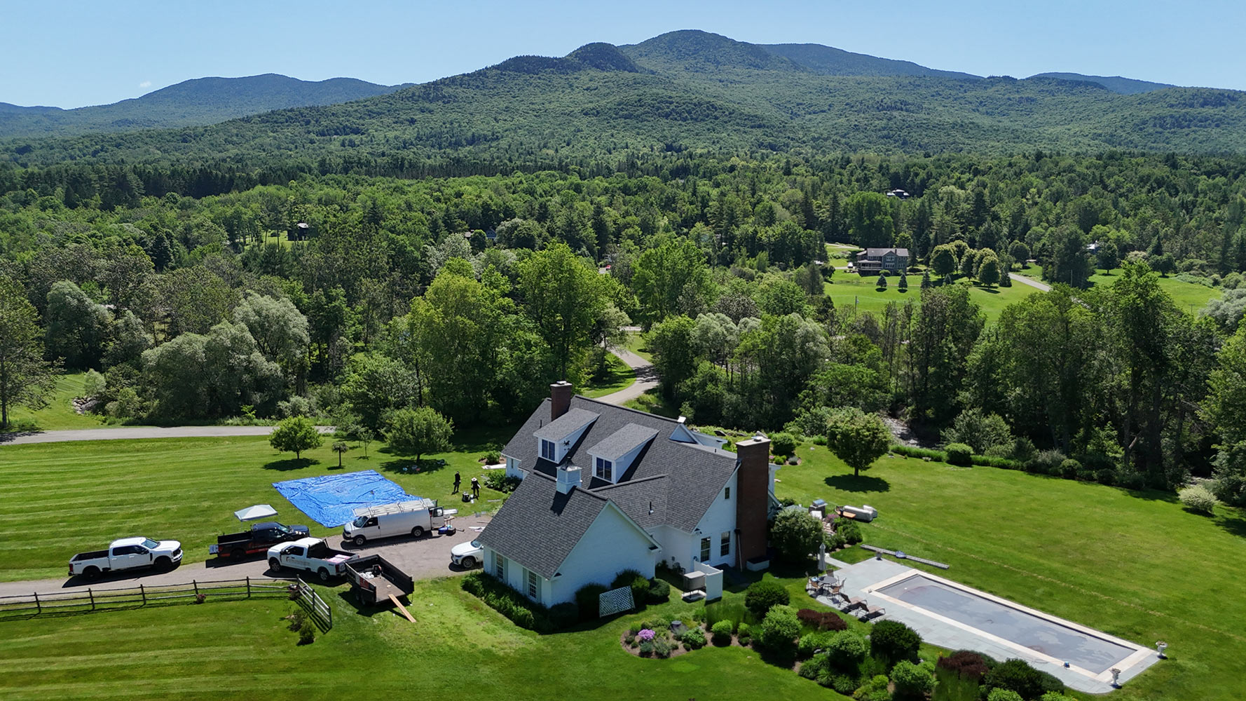 Shingle roof replacement Stowe Vermont mountain estate aerial