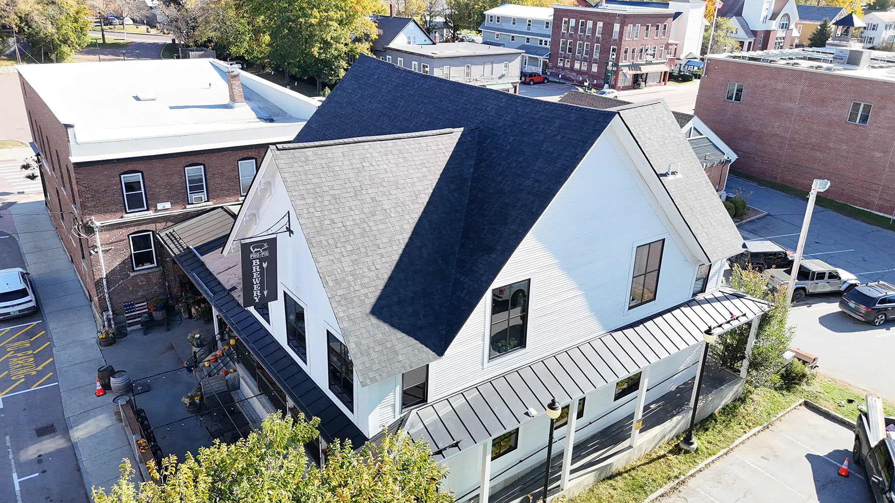 Standing seam metal roof commercial building Vermont aerial