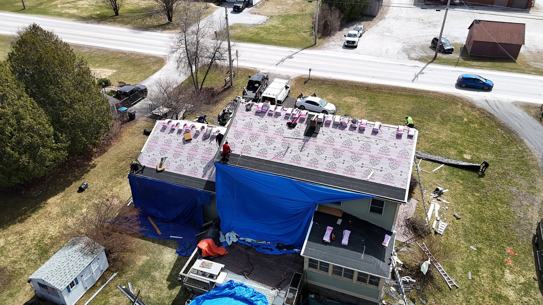 Synthetic underlayment installed over roof deck during Fairfax Vermont roofing project